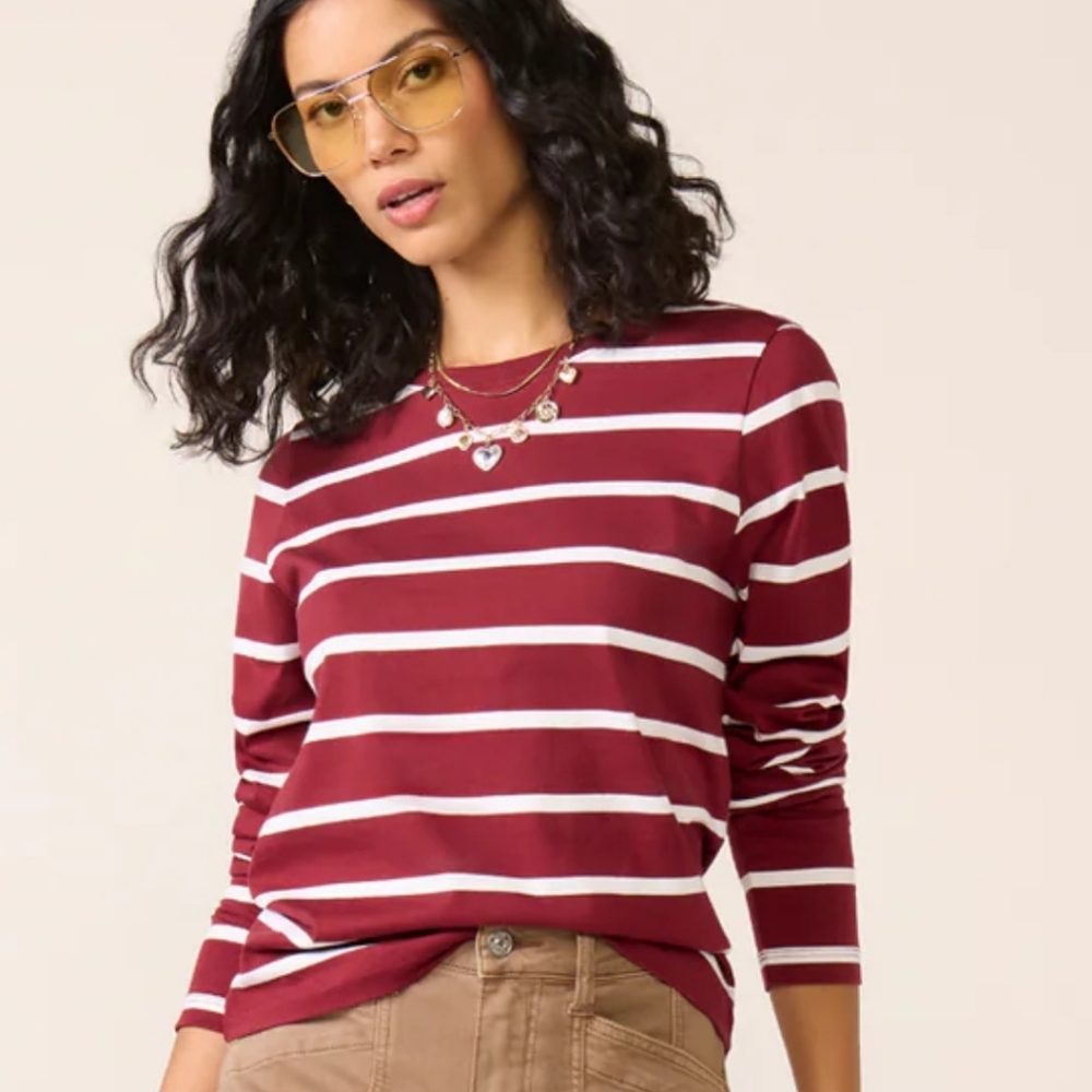 NWT Evereve Perfect Long Sleeve Striped In Red White, Sz M